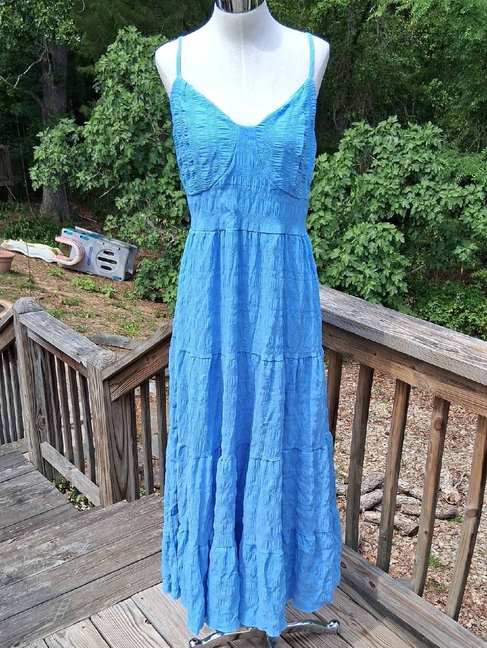 Blue Textured Tiered Maxi Dress w Spaghetti Straps, Tie Back, Elastic Waist, XL